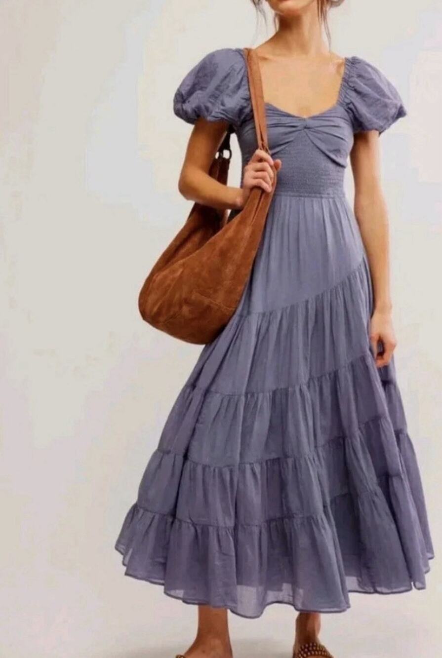 Free People Sundrenched Puff Sleeve Maxi Dress Tier Purple Y2K cotton S A010495
